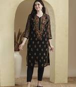 Ada Hand Embroidered Black Georgette Lucknowi Chikankari Indian Women Kurta Set with Slip - A811220
