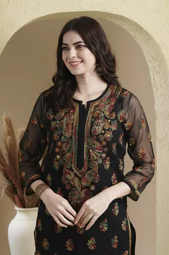 Ada Hand Embroidered Black Georgette Lucknowi Chikankari Indian Women Kurta Set with Slip - A811220