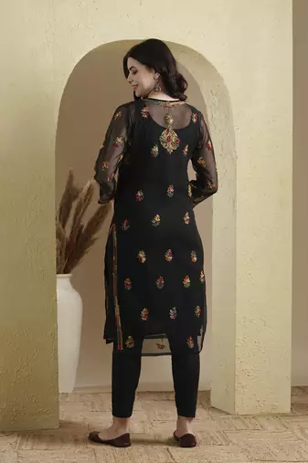 Ada Hand Embroidered Black Georgette Lucknowi Chikankari Indian Women Kurta Set with Slip - A811220