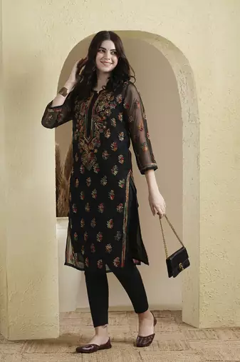 Ada Hand Embroidered Black Georgette Lucknowi Chikankari Indian Women Kurta Set with Slip - A811220