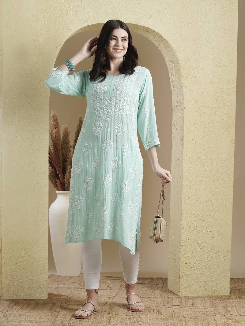Ada Hand Embroidered Sea Green Modal Lucknowi Chikankari Indian Women Straight Kurta - A411551