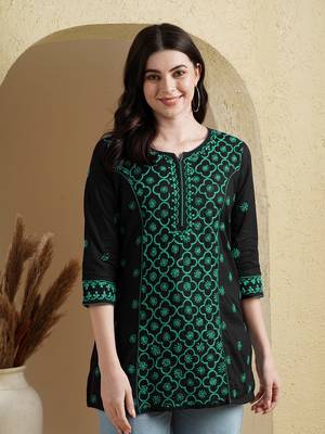 Hand Embroidered Black And Green Cotton Lucknowi Chikankari Indian Women Straight Kurti 1