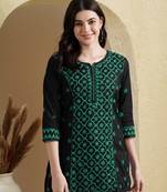 Hand Embroidered Black And Green Cotton Lucknowi Chikankari Indian Women Straight Kurti