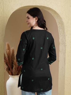 Hand Embroidered Black And Green Cotton Lucknowi Chikankari Indian Women Straight Kurti 3
