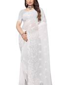 White resham zarkan embroidery work georgette saree with blouse