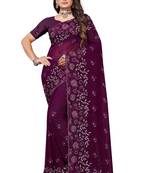 Wine resham zarkan embroidery work georgette saree with blouse