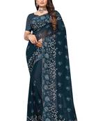 Teal blue resham zarkan embroidery work georgette saree with blouse