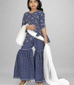Kids ethnic wear navy blue color cotton base bandhani style printed kurta with sharara with dupatta for girls
