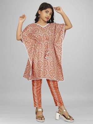 Stylish kids party wear peach color cotton base kaftan with pant for girls 1