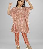 Stylish kids party wear peach color cotton base kaftan with pant for girls