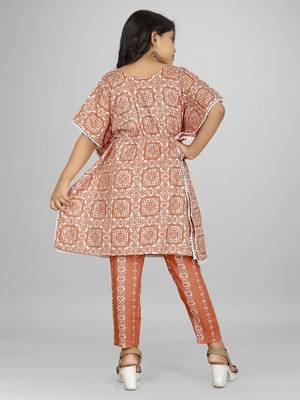 Stylish kids party wear peach color cotton base kaftan with pant for girls 2