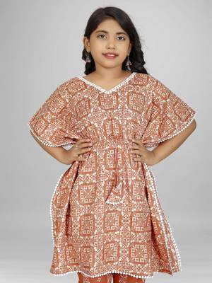 Stylish kids party wear peach color cotton base kaftan with pant for girls 3