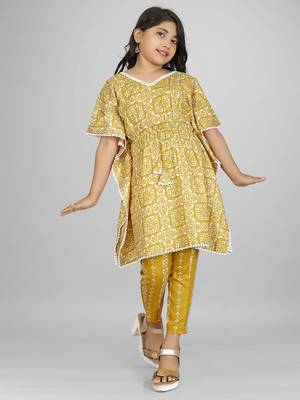 Stylish kids party wear yellow color cotton base kaftan with pant for girls 1