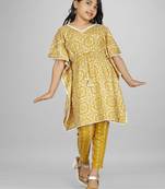 Stylish kids party wear yellow color cotton base kaftan with pant for girls