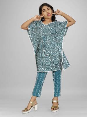 Stylish kids party wear aqua blue color cotton base kaftan with pant for girls 1