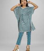 Stylish kids party wear aqua blue color cotton base kaftan with pant for girls