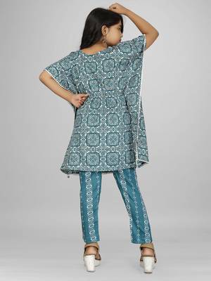 Stylish kids party wear aqua blue color cotton base kaftan with pant for girls 2