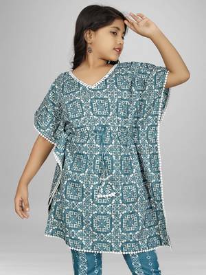 Stylish kids party wear aqua blue color cotton base kaftan with pant for girls 3