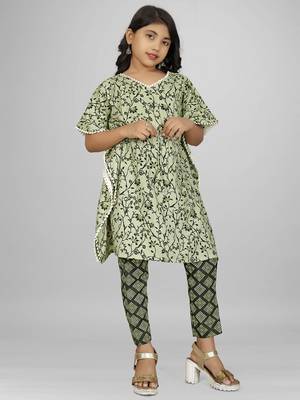 Stylish kids party wear pista green color cotton base kaftan with pant for girls 1
