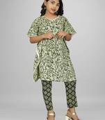 Stylish kids party wear pista green color cotton base kaftan with pant for girls