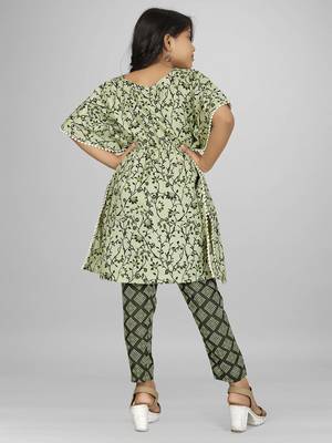 Stylish kids party wear pista green color cotton base kaftan with pant for girls 2