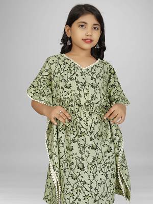 Stylish kids party wear pista green color cotton base kaftan with pant for girls 3