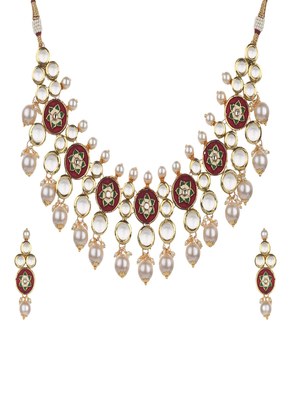Runjhun maroon gold tone necklace & earring for womens 1