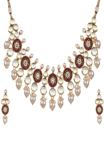 Runjhun maroon gold tone necklace & earring for womens