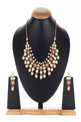 Runjhun maroon gold tone necklace & earring for womens
