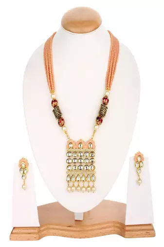 Runjhun handcrafted indian kundan choker necklace earrings peach jewellery