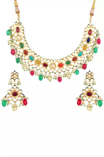 Runjhun multicolor kundan work necklace set with earring
