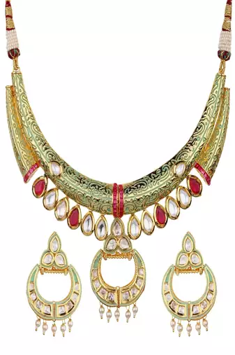 Runjhun kundan golden semi precious stones designer elegant necklace & earrings set