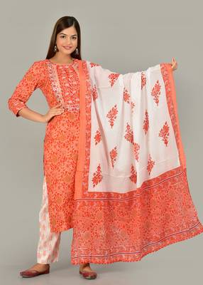 Orange cotton straight kurta pant set with dupatta. 1