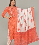 Orange cotton straight kurta pant set with dupatta.