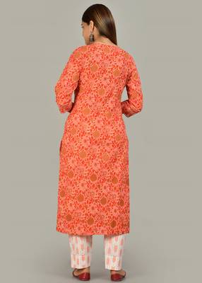 Orange cotton straight kurta pant set with dupatta. 2