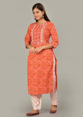 Orange cotton straight kurta pant set with dupatta. 3