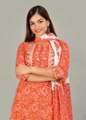 Orange cotton straight kurta pant set with dupatta. 4