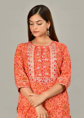 Orange cotton straight kurta pant set with dupatta. 5