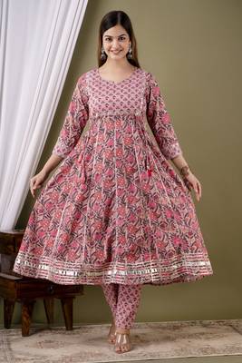 Pink cotton anarkali kurta pant set for women 1