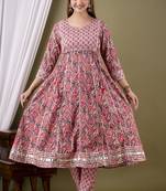 Pink cotton anarkali kurta pant set for women