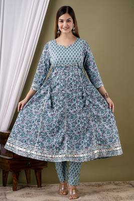 Blue cotton anarkali kurta pant set for women 1