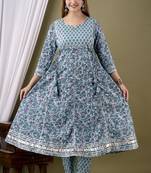 Blue cotton anarkali kurta pant set for women