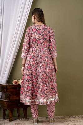 Pink cotton anarkali kurta pant set for women 2