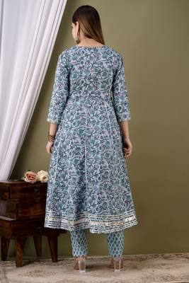 Blue cotton anarkali kurta pant set for women 2