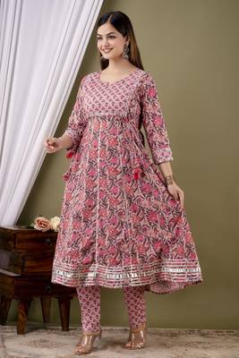 Pink cotton anarkali kurta pant set for women 3