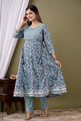 Blue cotton anarkali kurta pant set for women 3