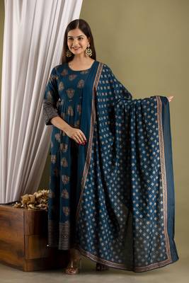 Teal blue anarkali kurta with dupatta for women 1