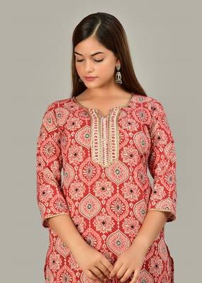 Red rayon straight kurta pant set for women 3