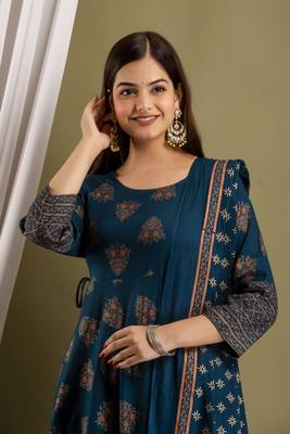 Teal blue anarkali kurta with dupatta for women 4