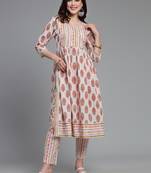 Cream cotton nyra-cut kurti set for women
